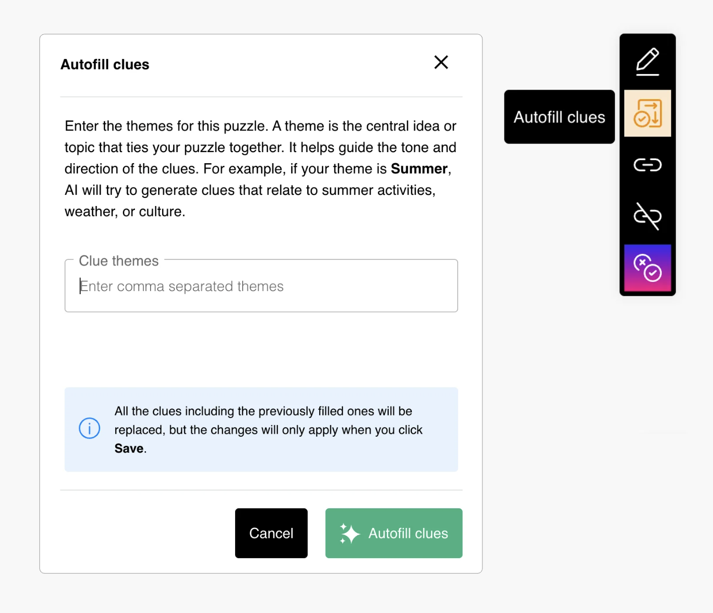 Autofill clues pop-up with clue themes input and autofill action