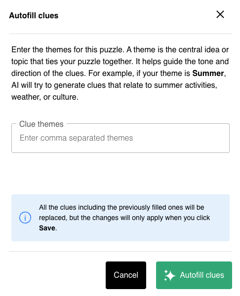 Autofill clues modal with clue themes input and autofill action