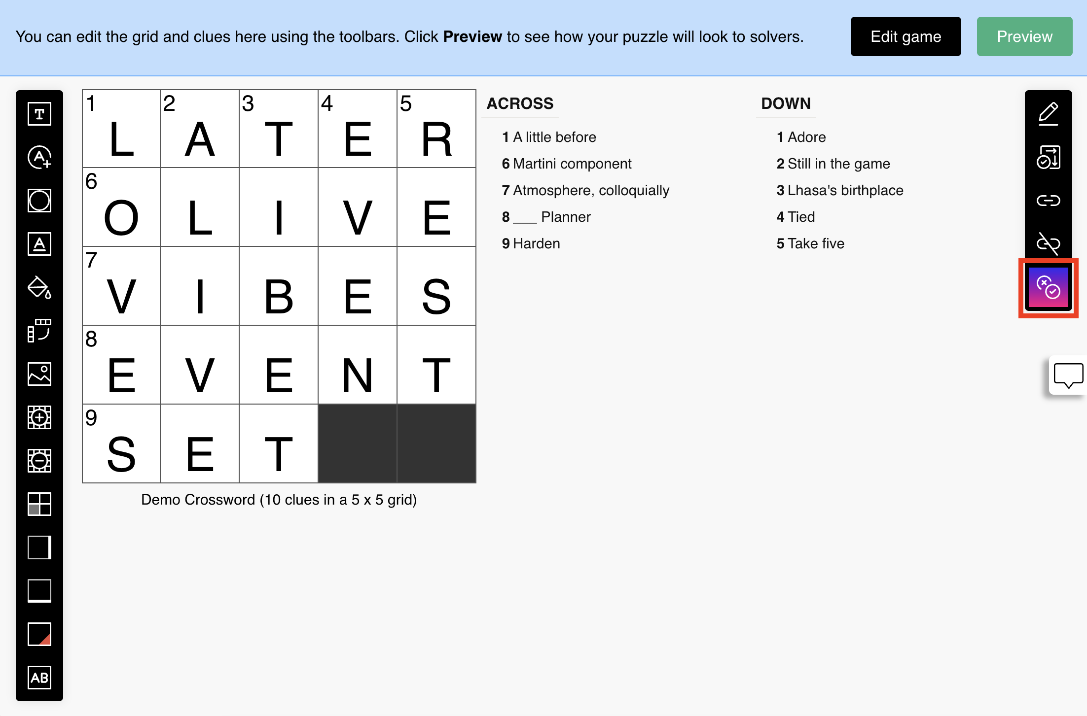 Edit grid and clues page with Cross-Check icon highlighted on the right toolbar