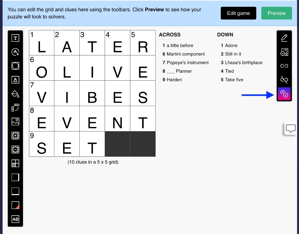 Edit grid and clues page with Cross-Check icon highlighted on the right toolbar
