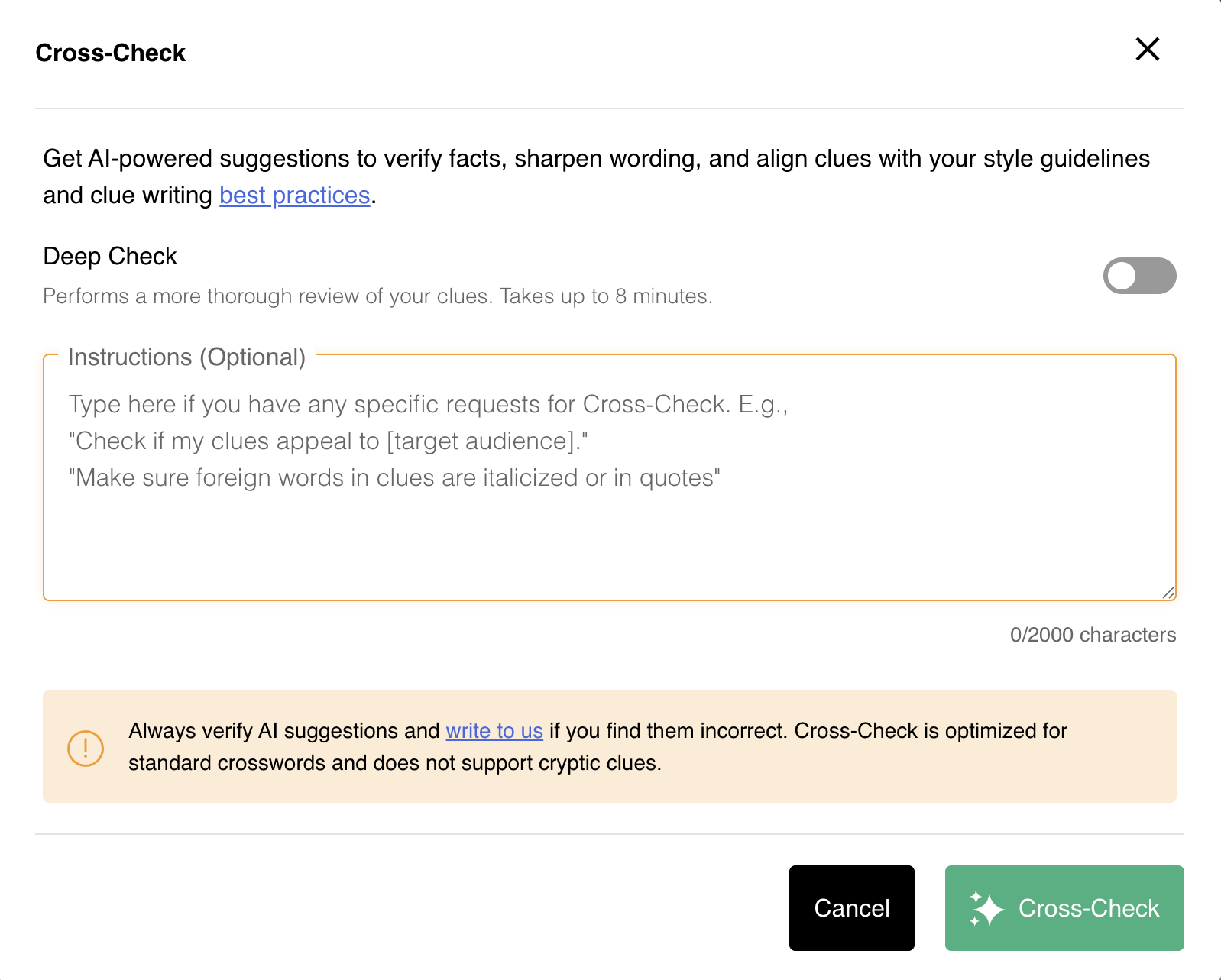 Cross-Check prompt pop-up with optional instructions field
