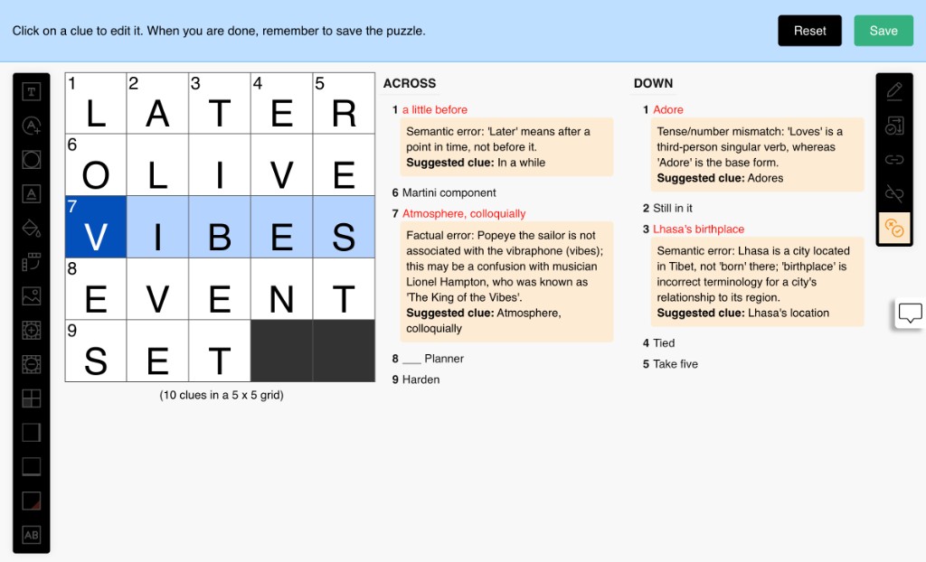 Cross-Check results: clue list with orange feedback, reasons, suggested clues, and Save/Reset in the banner