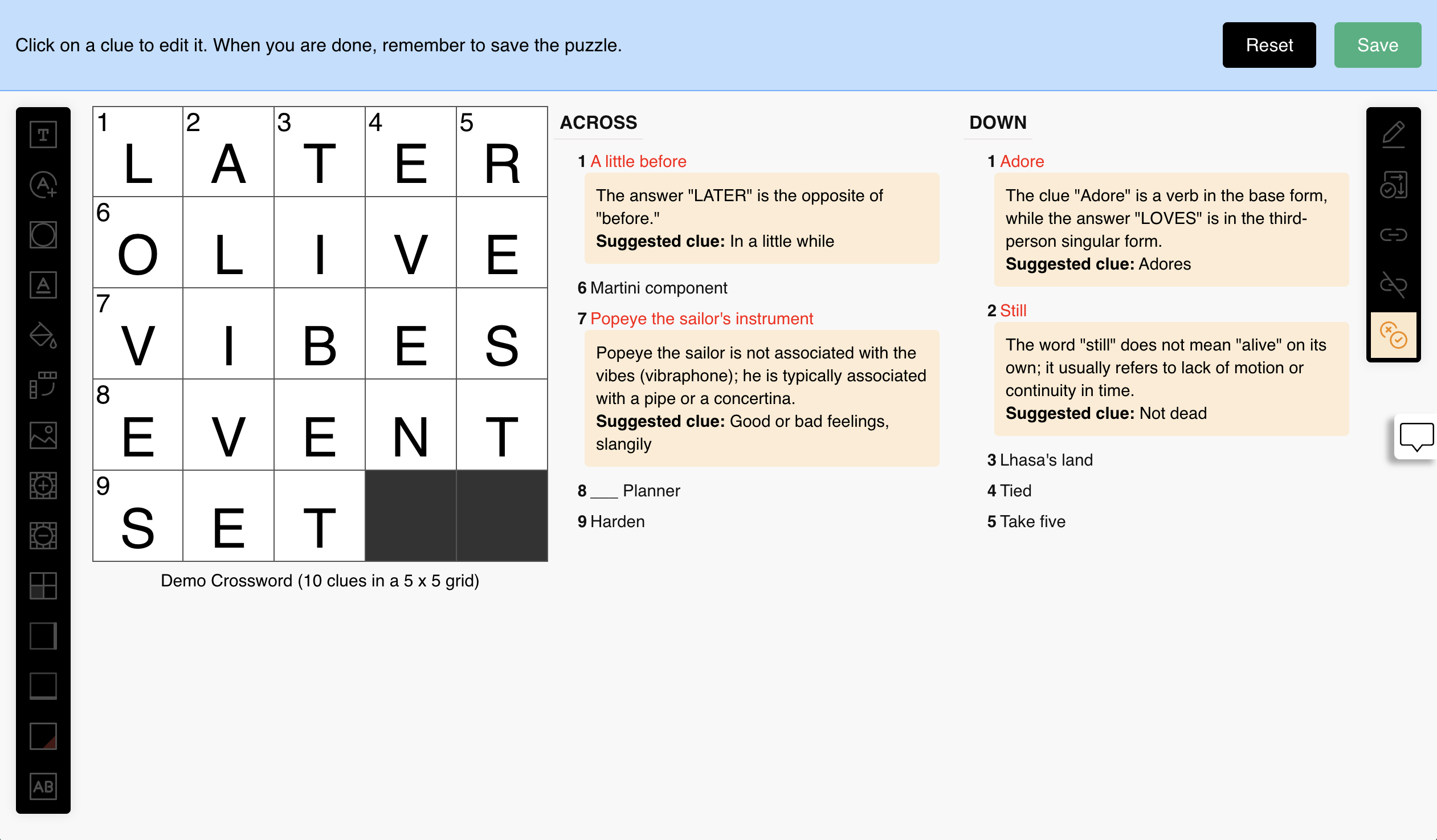 Cross-Check results: clue list with orange feedback, reasons, suggested clues, and Save/Reset in the banner