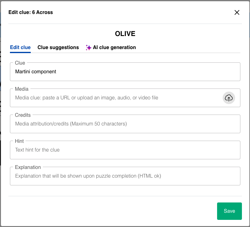 Edit clues modal with Edit clue, Clue suggestions, and AI clue generation tabs
