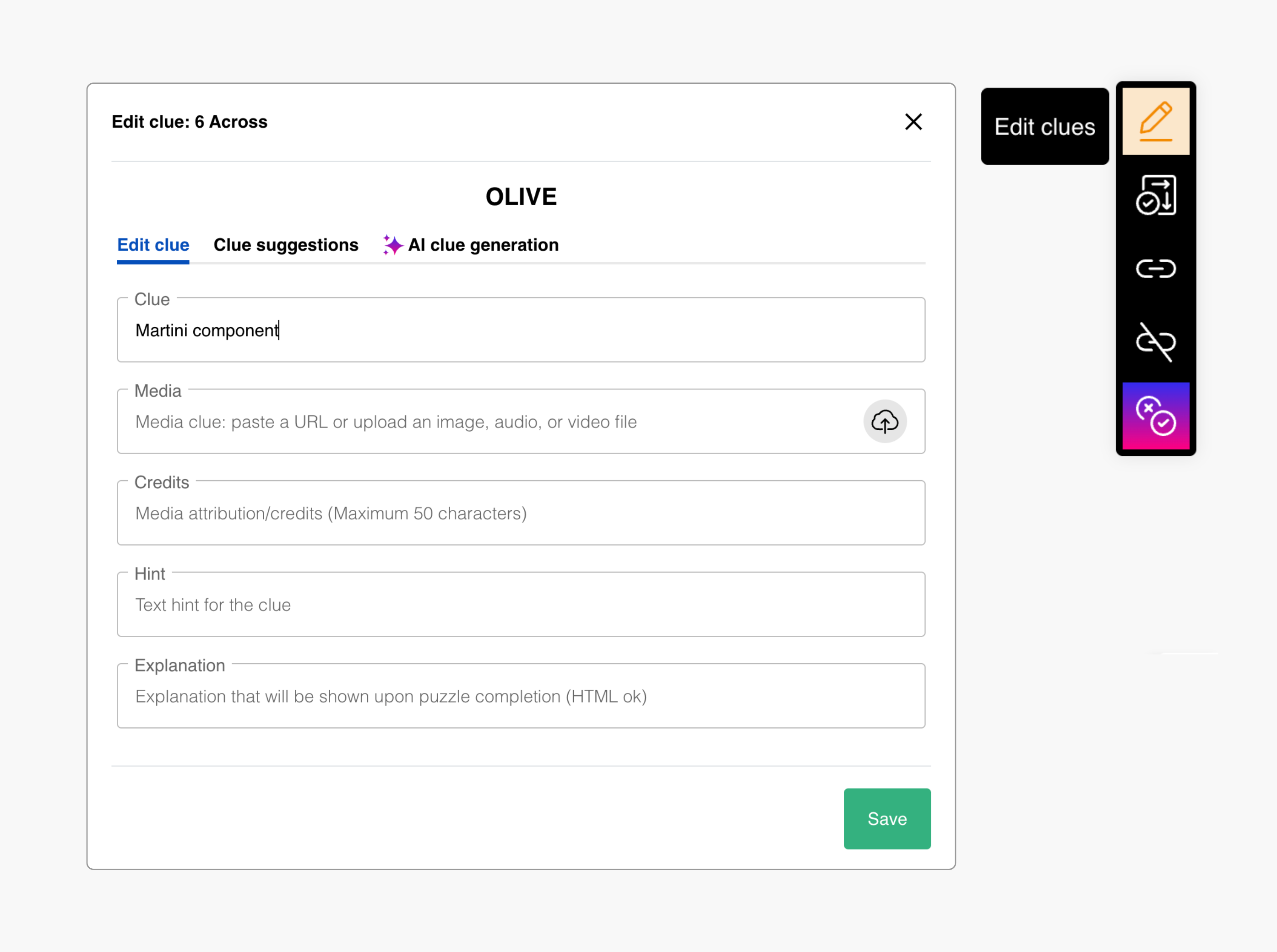 Edit clues pop-up with Edit clue, Clue suggestions, and AI clue generation tabs