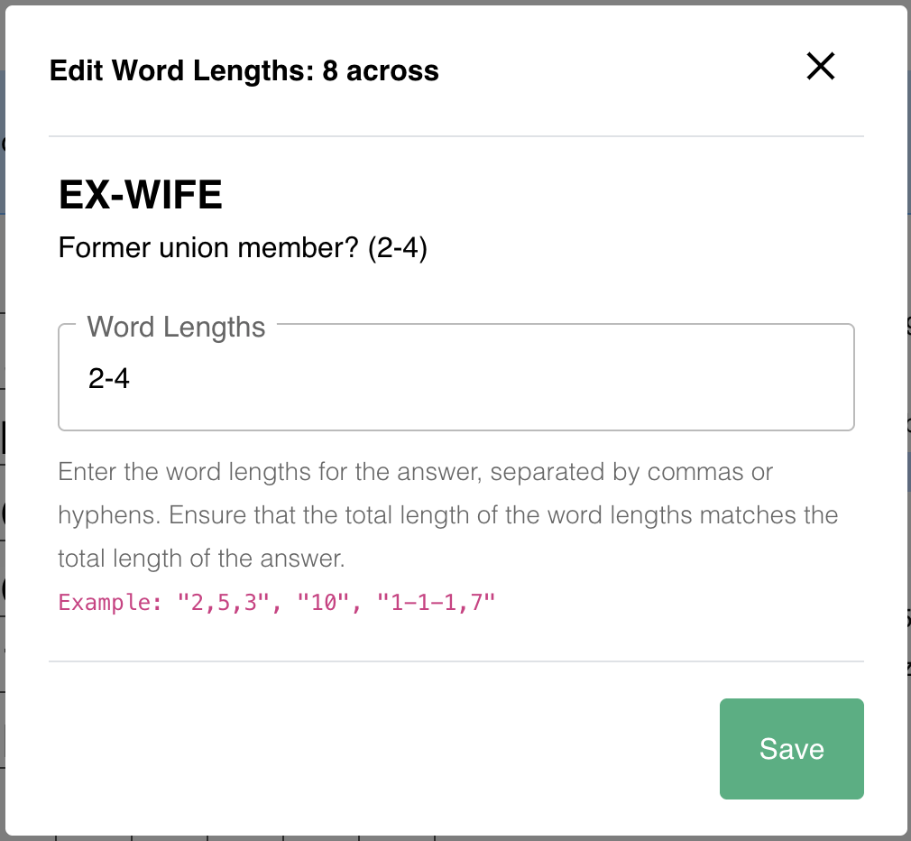 Edit Word Lengths modal showing accepted comma- and hyphen-separated formats