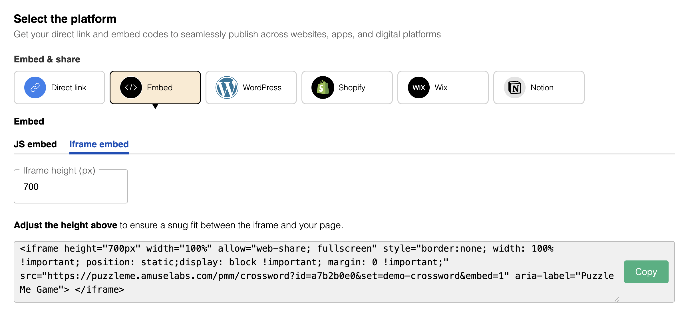 Publish page showing the iframe embed tab with height setting and copyable iframe code