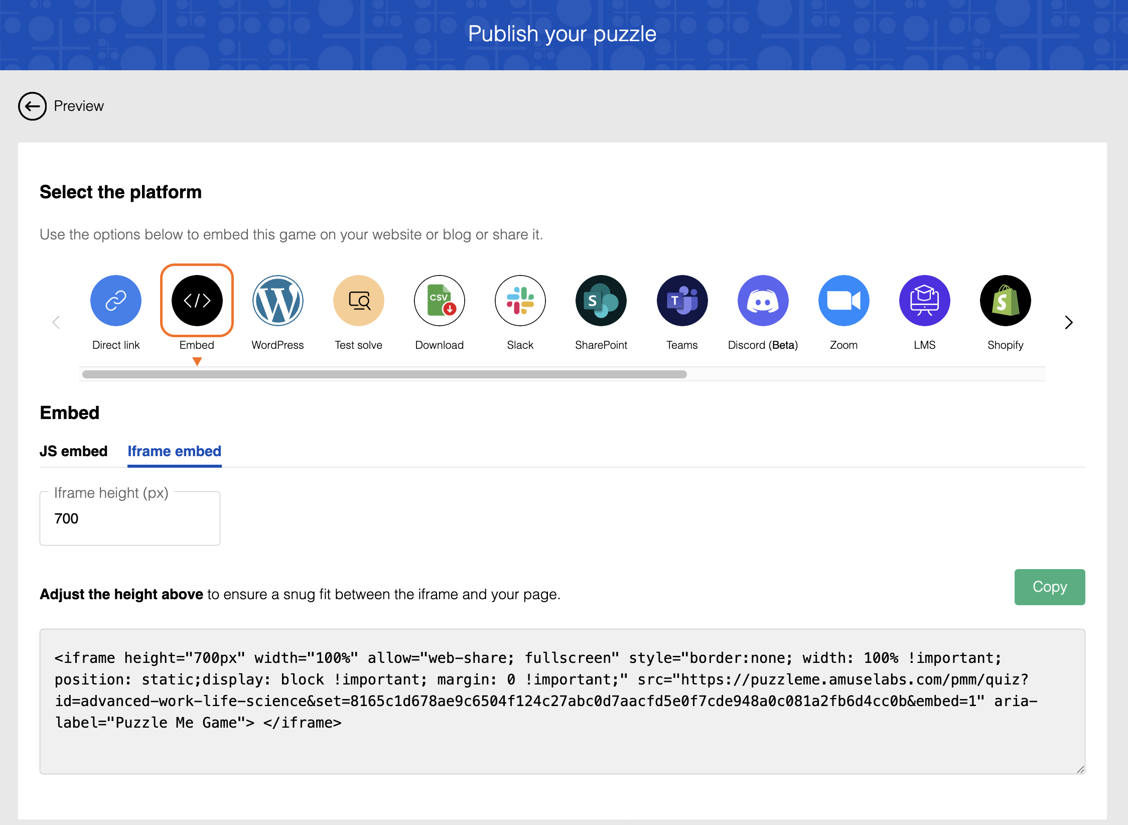 Publish page showing the Iframe embed tab with height setting and copyable iframe code