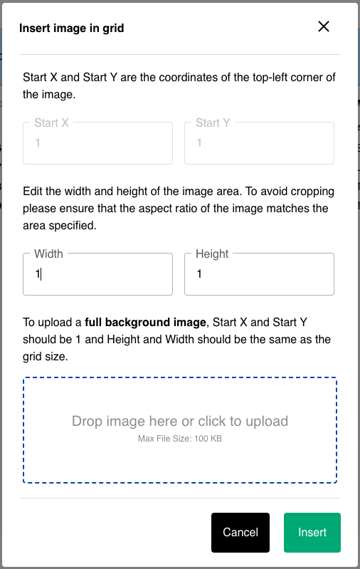 Insert image in grid modal with position, size, and upload fields