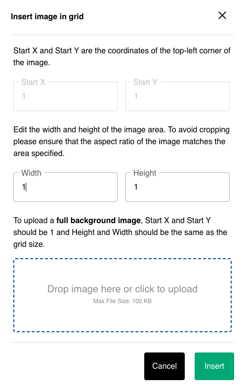 Insert image in grid pop-up with position, size, and upload fields