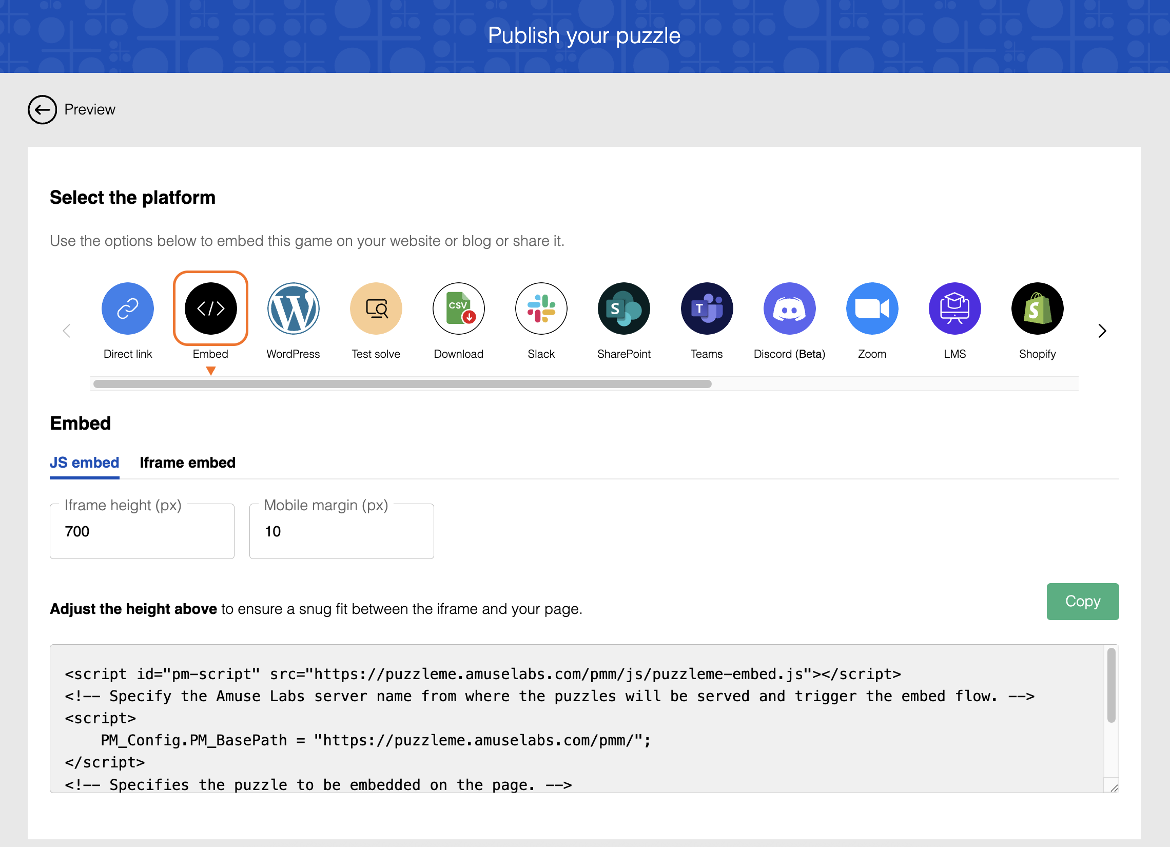 Publish page showing Embed options for JS embed and iframe embed