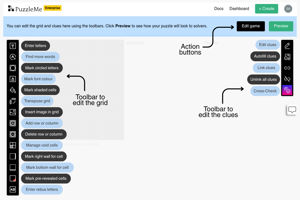Edit grid and clues with labeled grid and clue toolbar controls