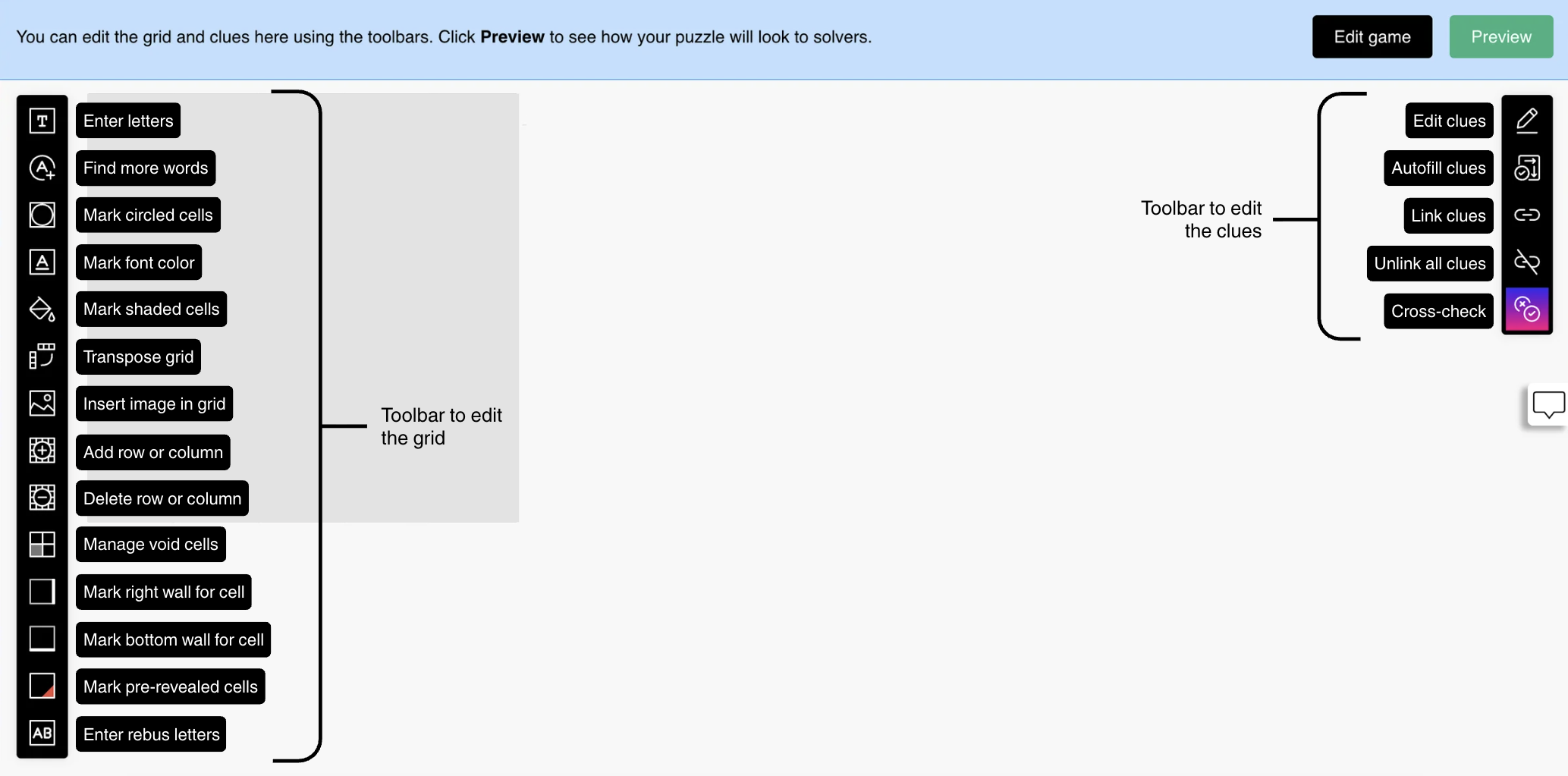 Edit grid and clues with labeled grid and clue toolbar controls