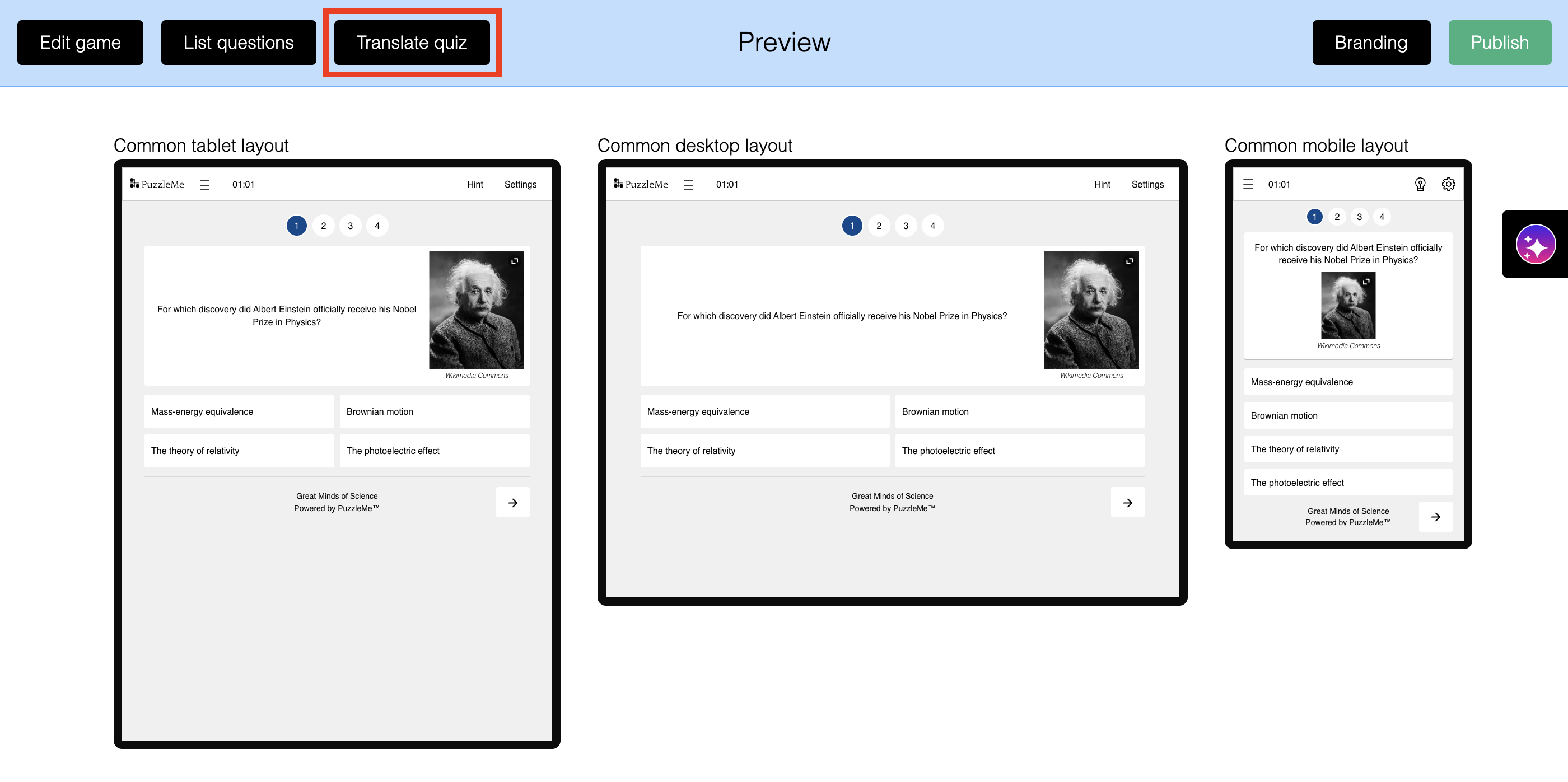 Translate quiz option in the quiz editor