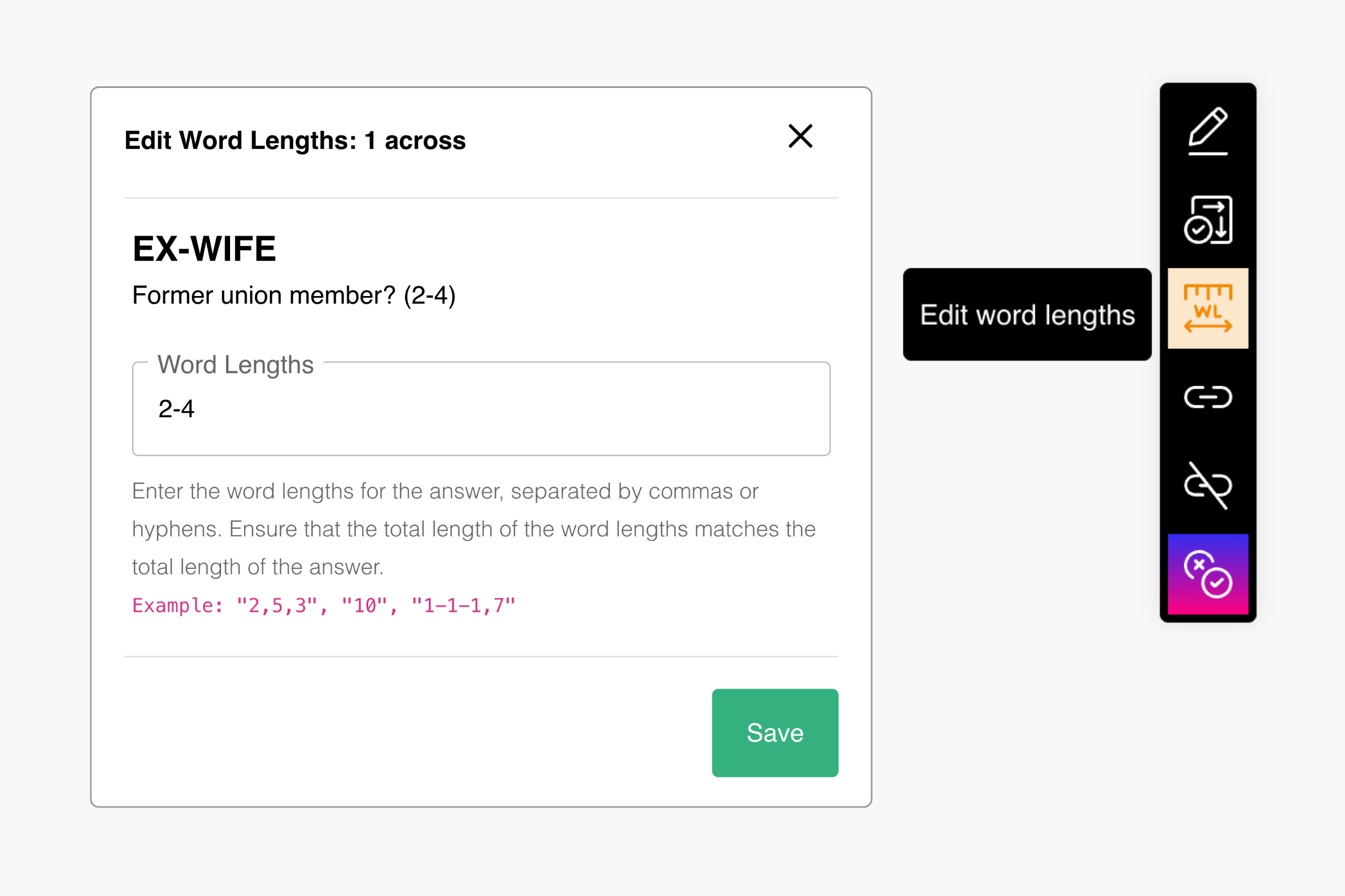 Edit word lengths pop-up