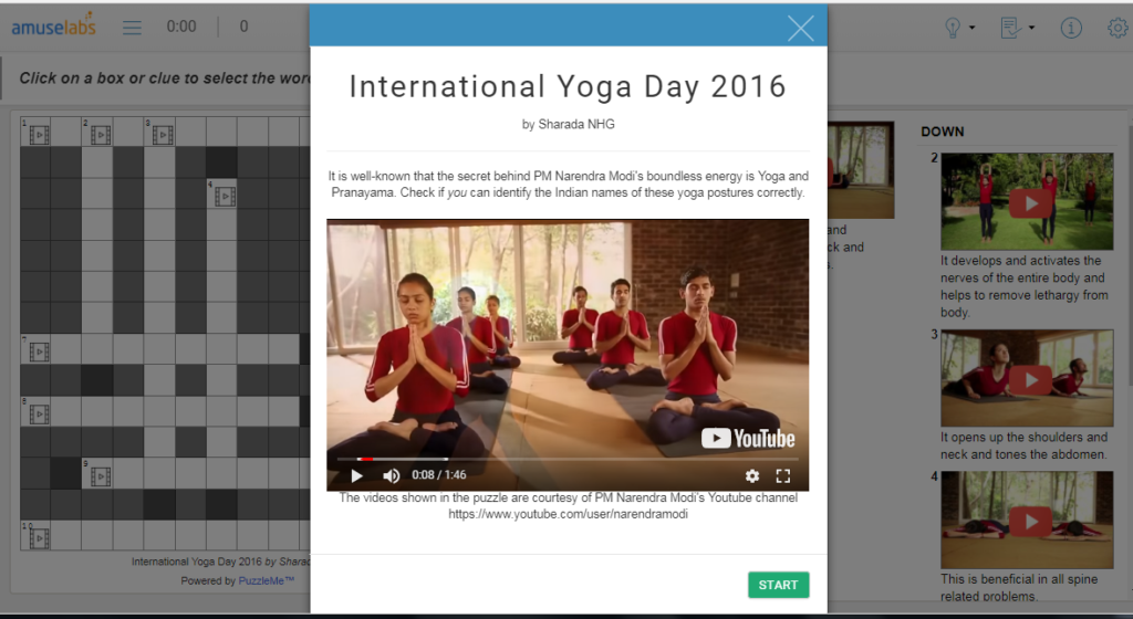 A crossword puzzle on International Yoga Day, with a YouTube video and a custom message being shown at the start
