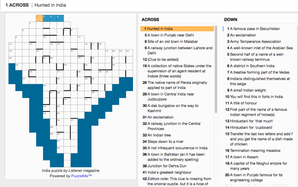 A crossword puzzle from Listener Magazine, created in the shape of the map of India