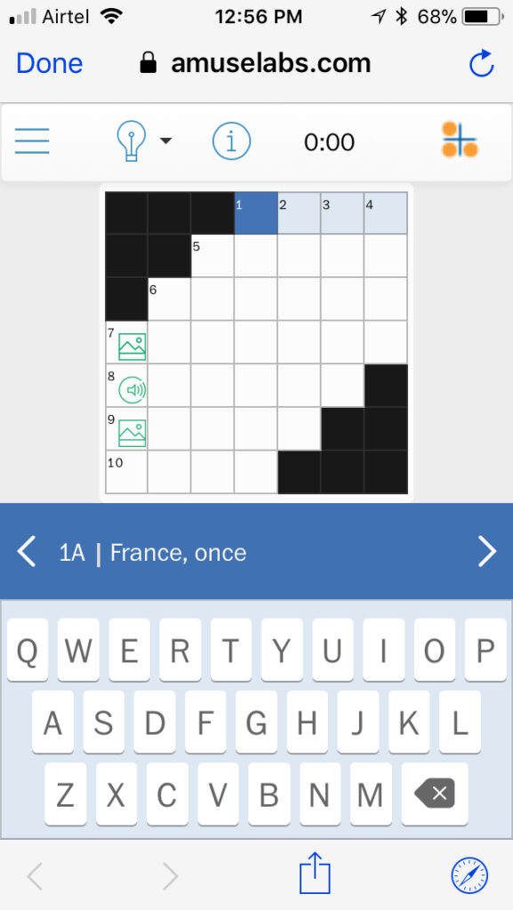 Mini crossword grid, with indicators for media clues inside cells