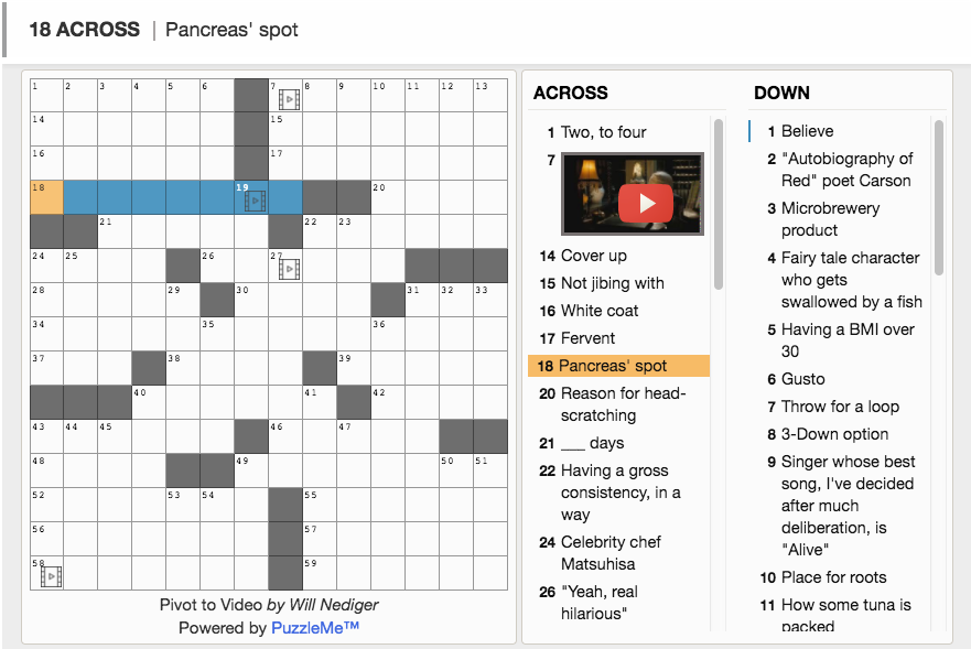 Crossword puzzle with a YouTube video embedded as a video clue