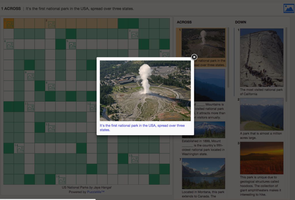 A crossword puzzle on USA National Parks, with images of the parks as clues