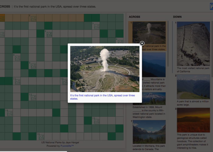 A crossword puzzle on USA National Parks, with images of the parks as clues