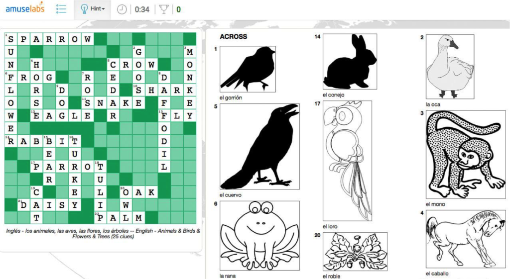 A crossword puzzle created for language learning, with pictures, clues in Spanish and answers in English