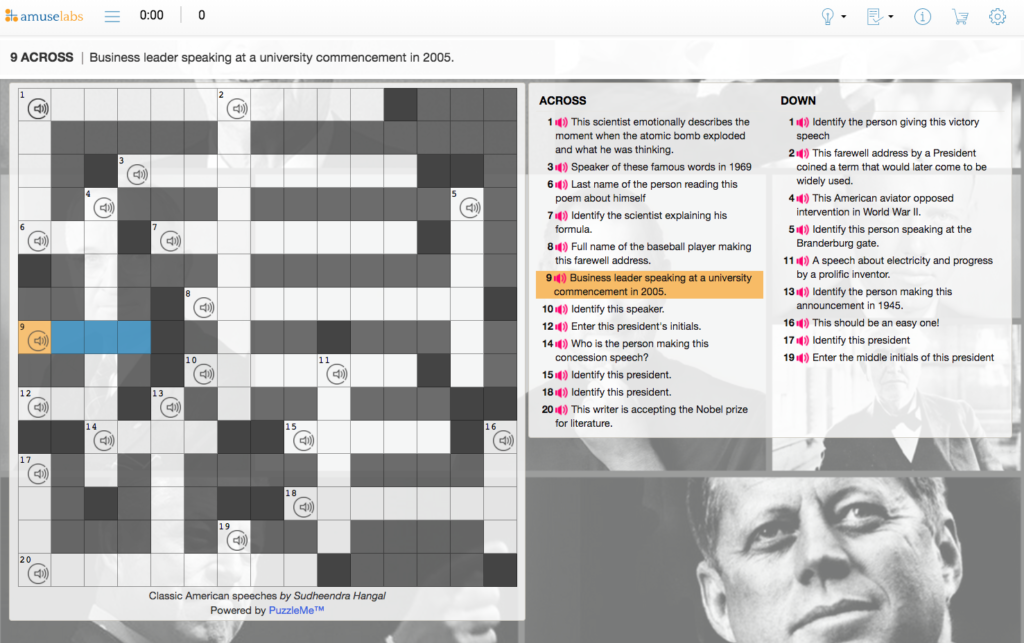 Crossword puzzle with recordings of classic American speeches inserted as audio clues