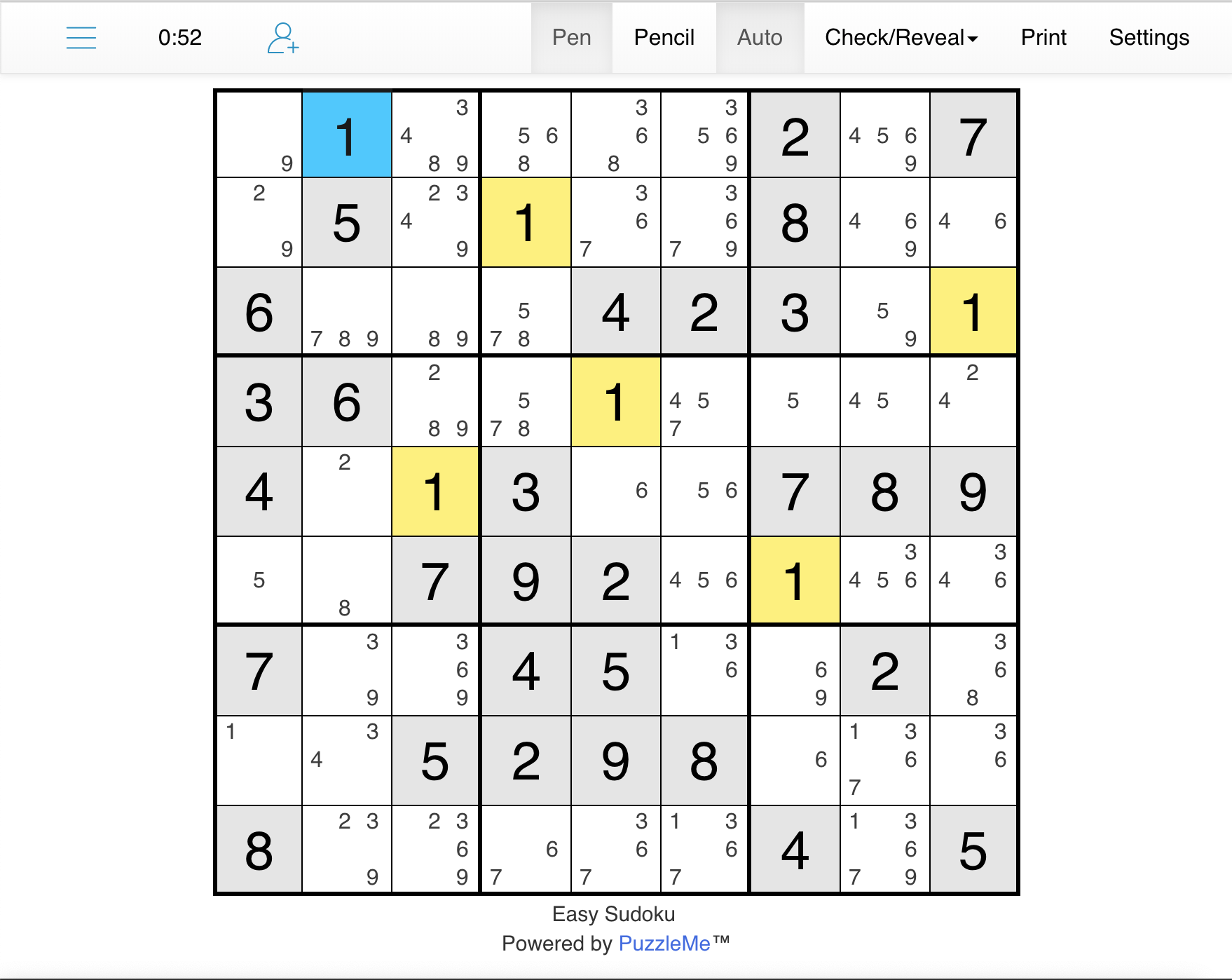 A 9 by 9 sudoku puzzle shown with possible candidates for the grid
