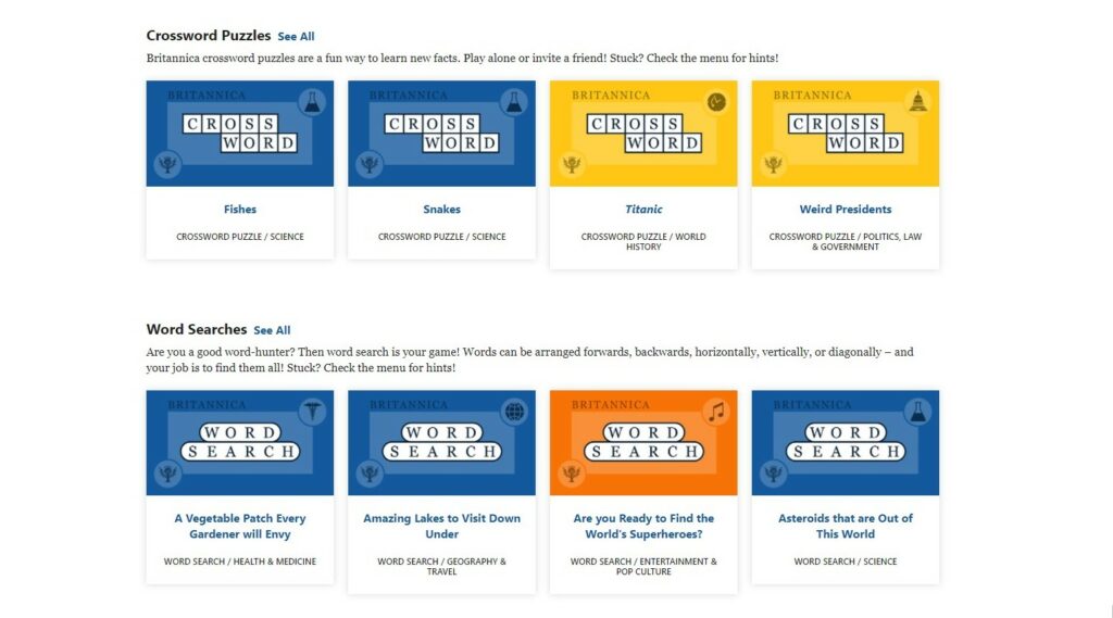 Crossword and word search puzzles created by Encyclopedia Britannica using PuzzleMe platform