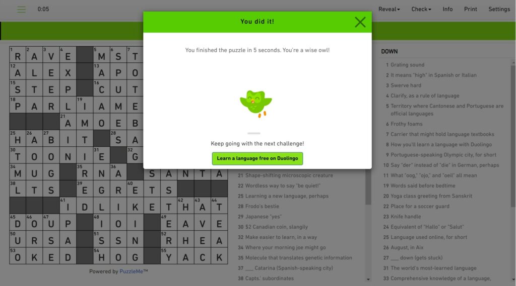 Multimedia crossword puzzle creating using PuzzleMe platform to promote the Duolingo brand on The New Yorker's website