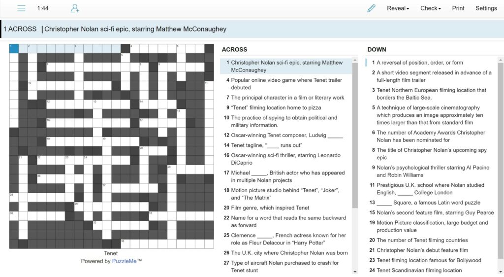 Crossword puzzle creating using PuzzleMe platform to promote Christopher Nolan's movie 'Tenet'