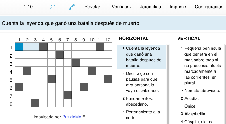Crucigrama with a Spanish style crossword grid layout
