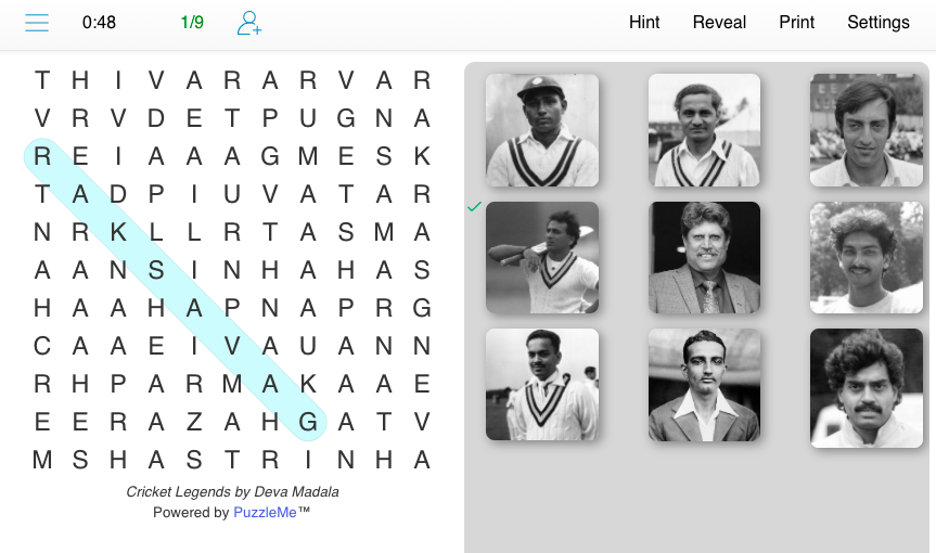 A word search puzzle on famous Indian cricketers, with their pictures as media clues