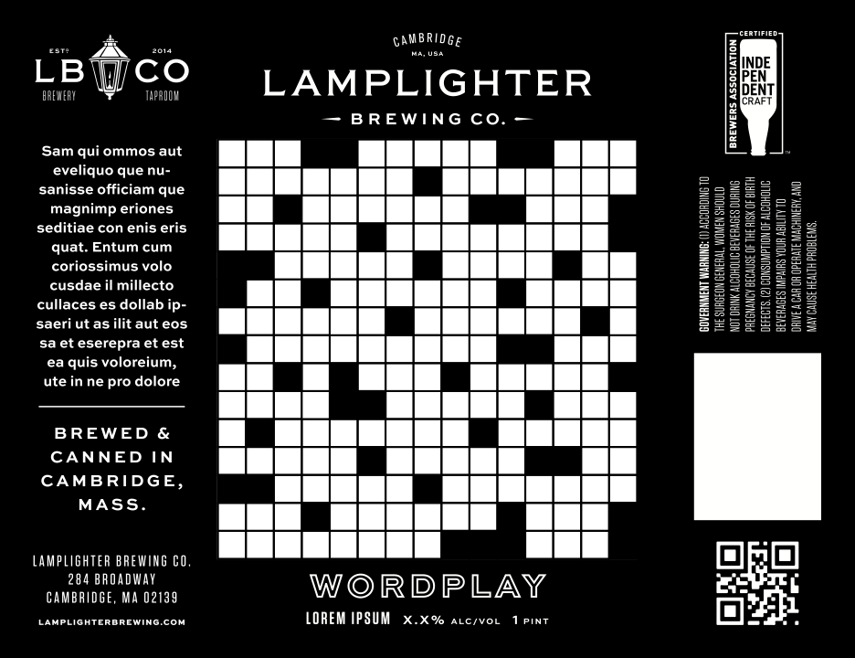 A beer can designed by Lamplighter Brewery, with a crossword puzzle and a QR code for interactive solving