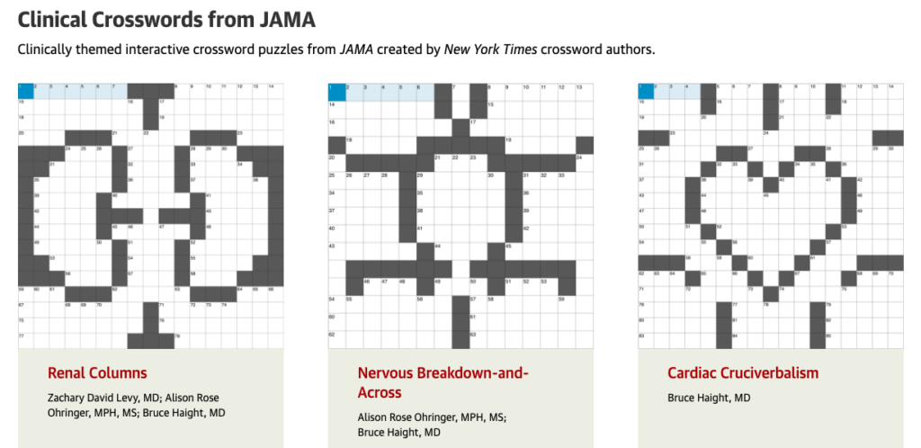 3 crossword puzzles created on Renal, Cardiac and Nervous breakdown from JAMA