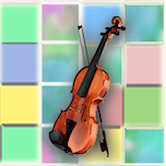 Logo for PuzzleMe Raga App - A violin on a background of multi colored tiles