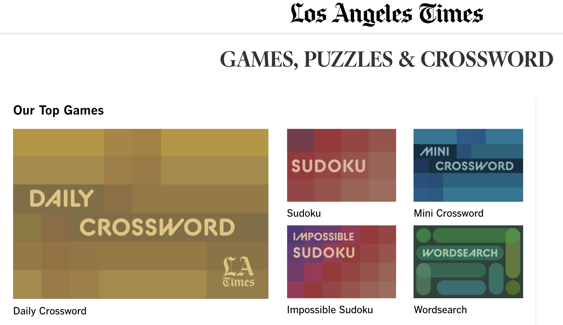 LA Times games page for crosswords, sudoku and word search