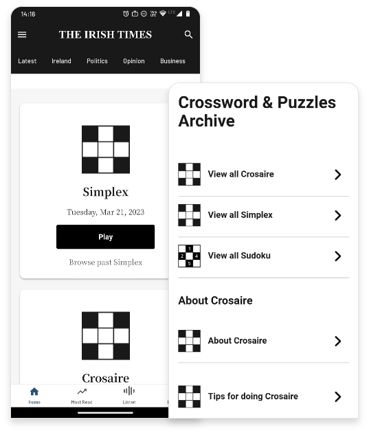 PuzzleMe crosswords on The Irish Times. Screenshot showing easy integration and embedding of crossword puzzles possible with PuzzleMe.