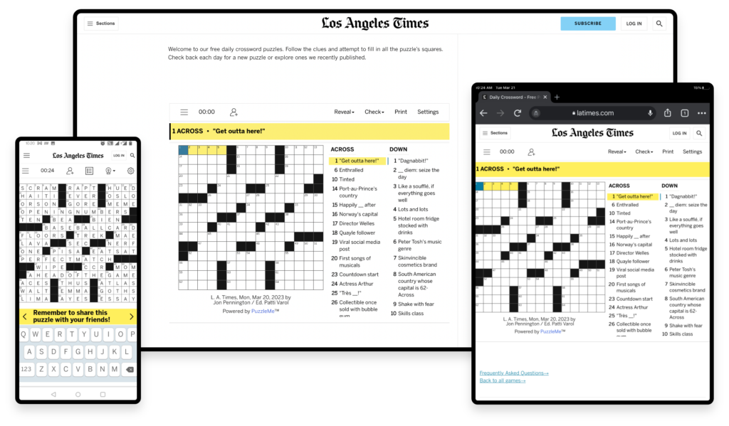 Creative displaying the flexible user interface of PuzzleMe with the same crossword easily adaptable, visible and playable on a mobile, desktop and tablet.