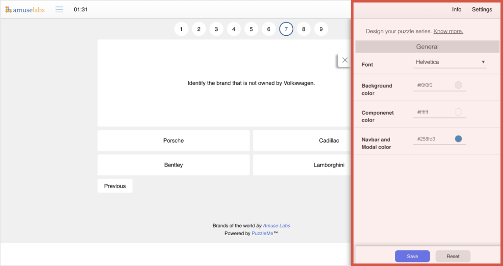 A screenshot showing the custom theming options available on PuzzleMe for creating a Quiz.