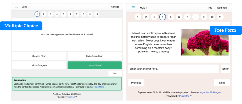 Two screenshots, one from The Hindu and the other from The Indian Express display the PuzzleMe Quiz interface. The Hindu displays a multiple choice based question while The Indian Express displays a free-form style question.