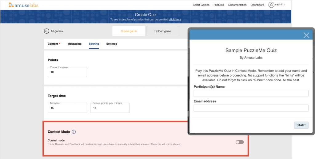 Screengrab of the Content Mode feature available on PuzzleMe while creating a Quiz. Once enabled, the accompanying screenshot shows that creators and publishers can capture their solver's email addresses and names.