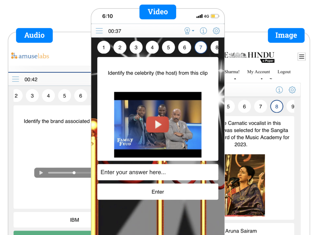 The PuzzleMe's Quiz solver interface is shown on three mobile screens. The left-most screen has an audio multimedia in the question, the centre one has a video multimedia, while the right-most screen shows an image multimedia being used in the Quiz.