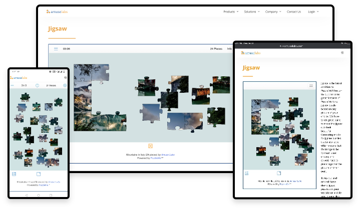Creative display of the flexible user interface of PuzzleMe with the same jigsaw that is easily adaptable, visible and playable on a mobile, desktop and tablet.