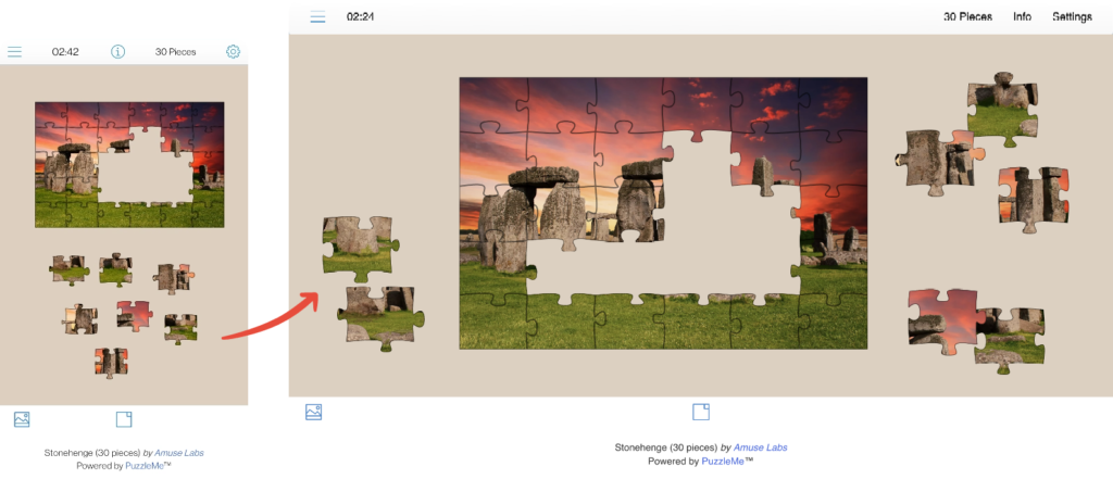 A jigsaw puzzle session being continued from a mobile to a desktop when being solved on PuzzleMe.