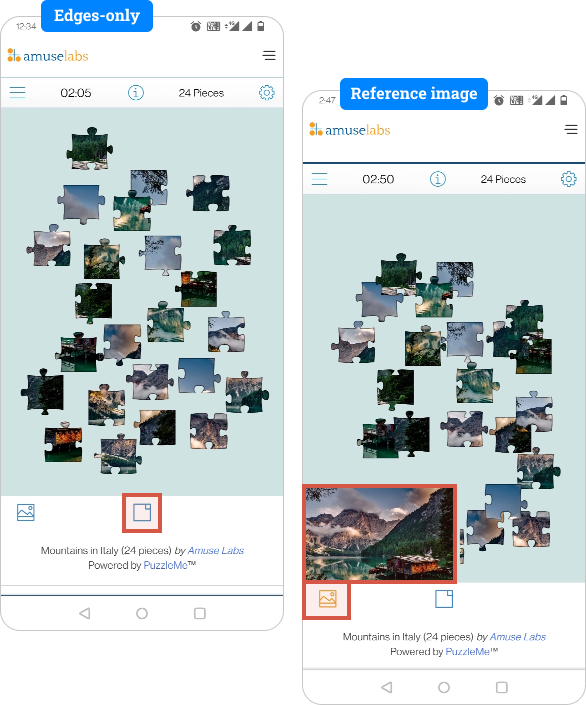 Assist Features available to a Jigsaw player on PuzzleMe. Two mobile screenshots show the "edges-only" and "reference image" support available to a player solving a jigsaw puzzle with PuzzleMe.