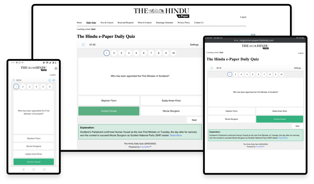 Creative displaying the flexible user interface of PuzzleMe with the same quiz that is easily adaptable, visible and playable on a mobile, desktop and tablet.