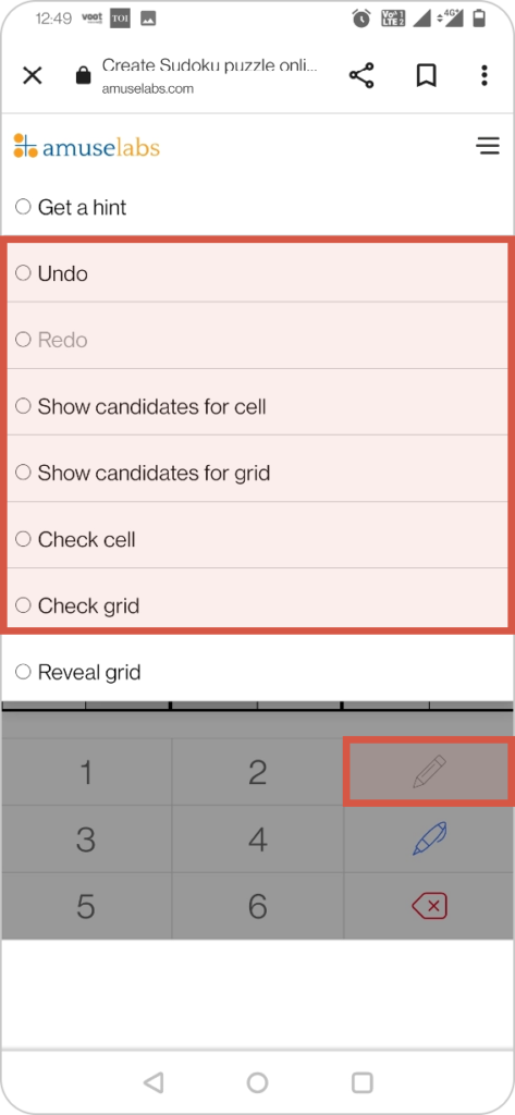 Assist Features available to a Sudoku solver on PuzzleMe. Mobile screenshot shows the Undo, redo, show candidate cells, check cell and grid support available to a player solving a Sudoku puzzle with PuzzleMe.