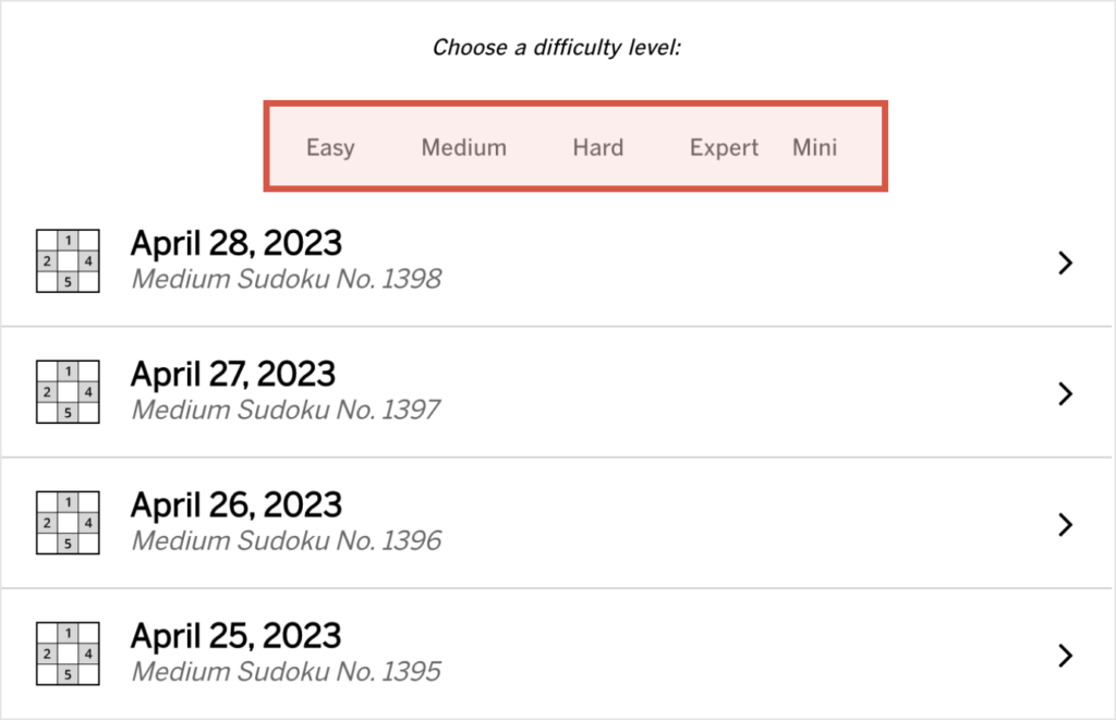 Multiple difficulty levels in a Sudoku Puzzle that are possible when creating a Sudoku with PuzzleMe.