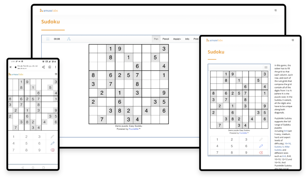 Creative display of the flexible user interface of PuzzleMe with the same Sudoku that is easily adaptable, visible and playable on a mobile, desktop and tablet.